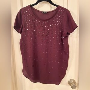 Ann Taylor XS Plum Purple Red Rhinestone Sparkle Short Sleeve Blouse Top Shirt